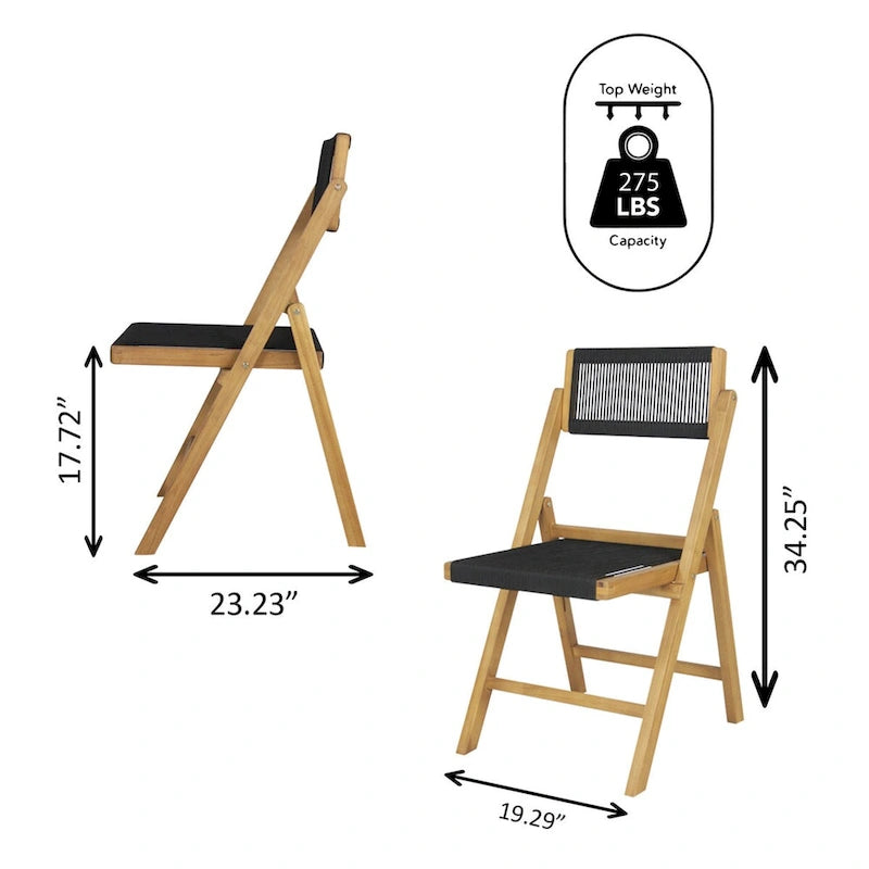 Lot de 2 chaises pliantes en bois modernes Kiawah Coastal avec corde et dossier réglable, Noir/Naturel, par JONATHAN Y