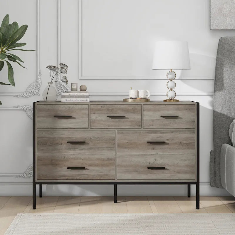 Commode en bois à 7 tiroirs, Armoire de rangement en bois pour chambre à coucher, Meuble à vêtements solide avec cadre en acier robuste