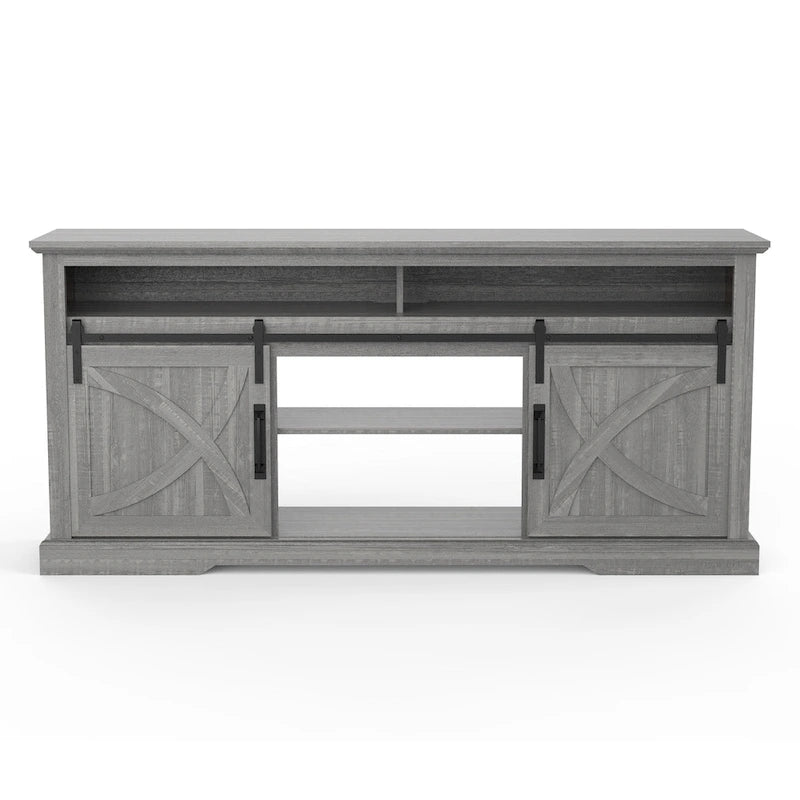 Meuble TV coulissant gris 68 po avec compartiment de rangement ouvert