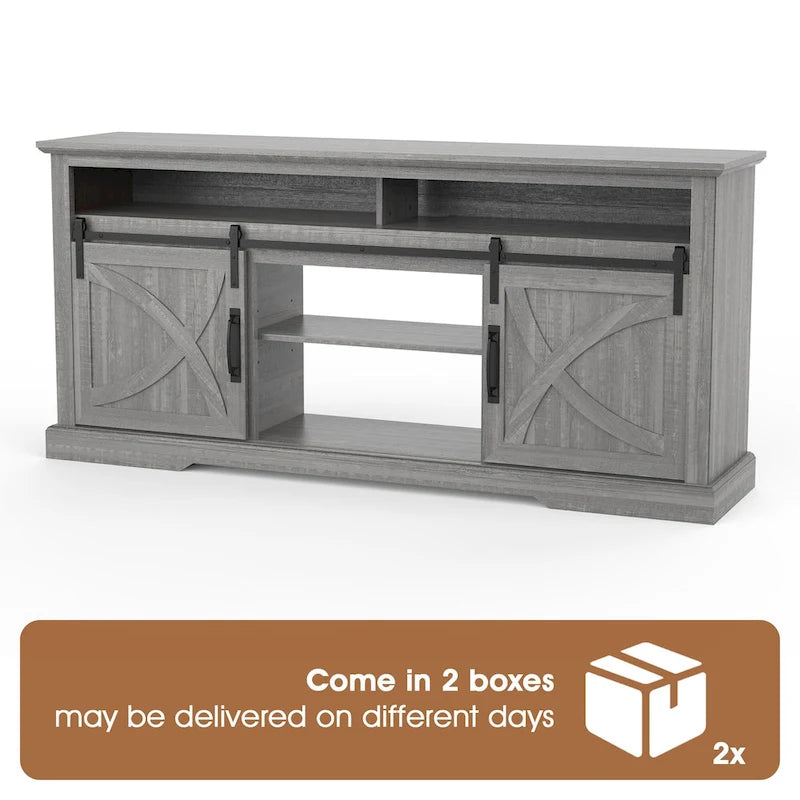 Meuble TV coulissant gris 68 po avec compartiment de rangement ouvert
