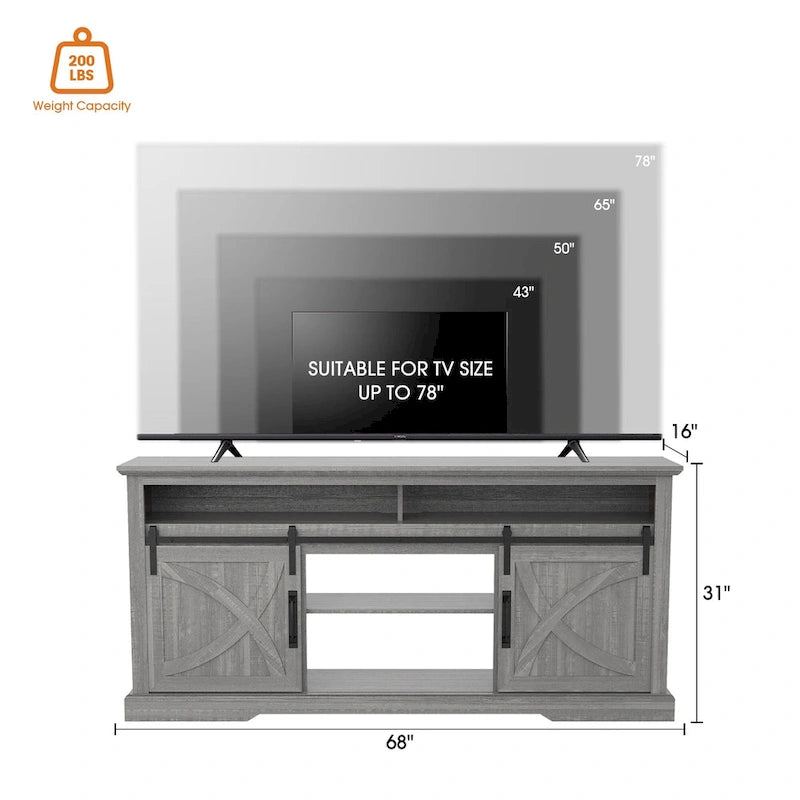 Meuble TV coulissant gris 68 po avec compartiment de rangement ouvert