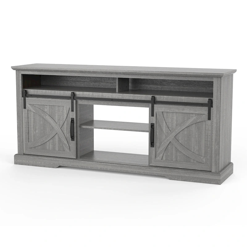 Meuble TV coulissant gris 68 po avec compartiment de rangement ouvert