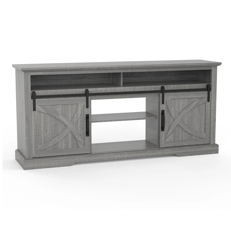 Meuble TV coulissant gris 68 po avec compartiment de rangement ouvert