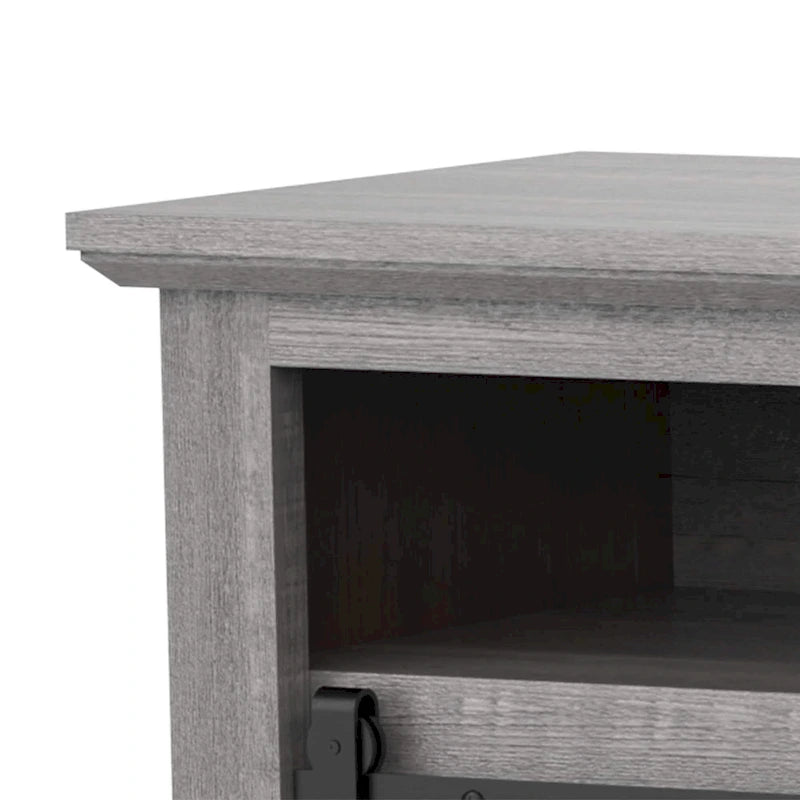 Meuble TV coulissant gris 68 po avec compartiment de rangement ouvert
