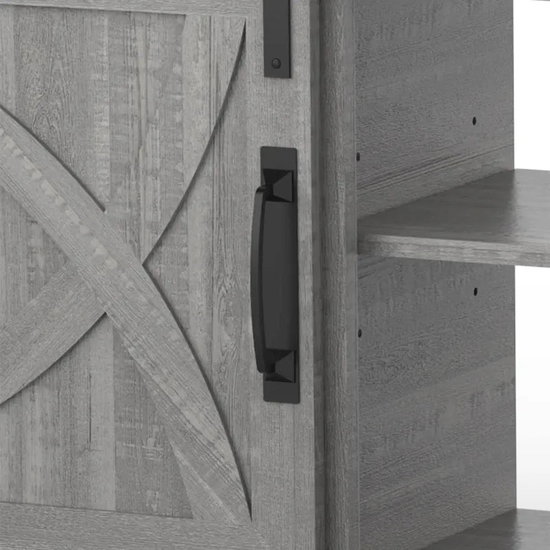 Meuble TV coulissant gris 68 po avec compartiment de rangement ouvert