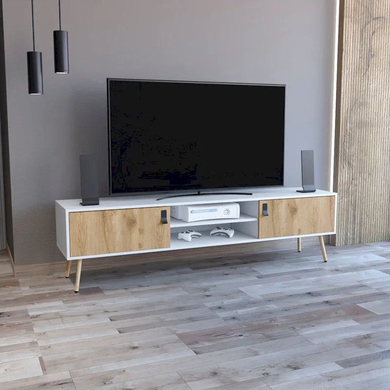 Meuble TV Huna Bicolore avec Deux Placards et Étagères