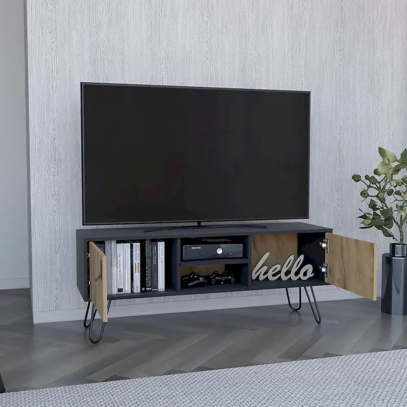 Meuble TV Huna Bicolore avec Deux Placards et Étagères