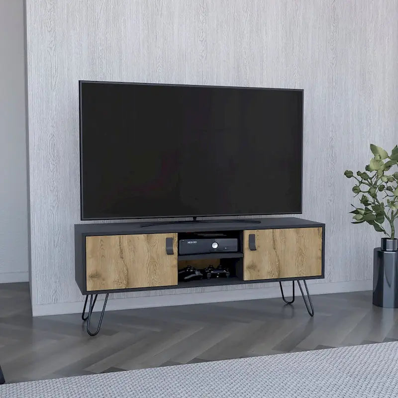 Meuble TV Huna Bicolore avec Deux Placards et Étagères