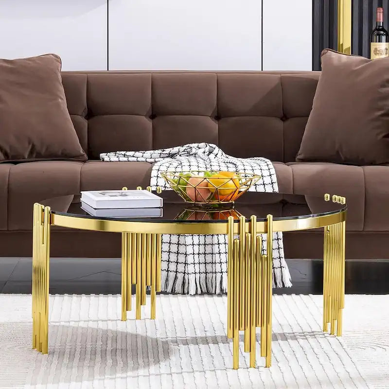 Table basse ronde moderne de 36 pouces avec plateau en verre trempé et pieds en forme de cloche polis