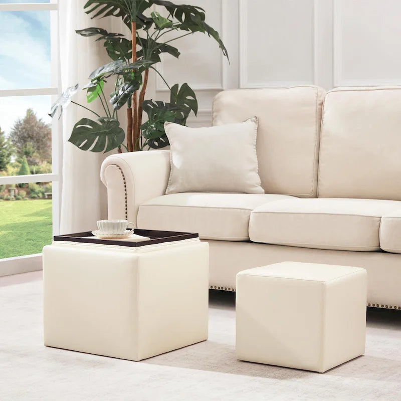 Ensemble de poufs de rangement carrés avec repose-pieds et plateau