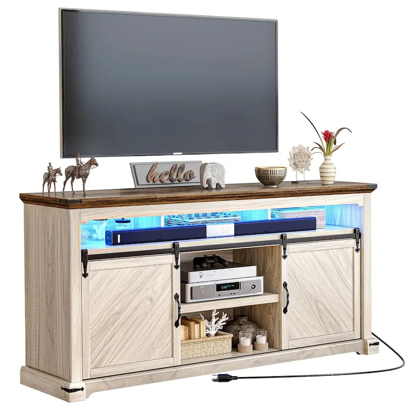 Meuble TV de ferme Moasis pour téléviseur jusqu'à 75 pouces, console média avec porte coulissante de style grange et lumières LED