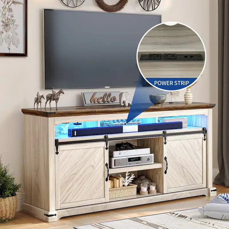 Meuble TV de ferme Moasis pour téléviseur jusqu'à 75 pouces, console média avec porte coulissante de style grange et lumières LED