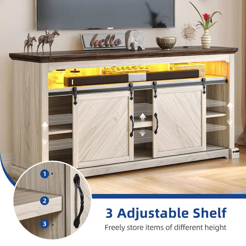 Meuble TV de ferme Moasis pour téléviseur jusqu'à 75 pouces, console média avec porte coulissante de style grange et lumières LED