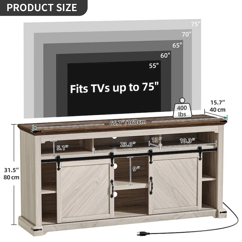 Meuble TV de ferme Moasis pour téléviseur jusqu'à 75 pouces, console média avec porte coulissante de style grange et lumières LED