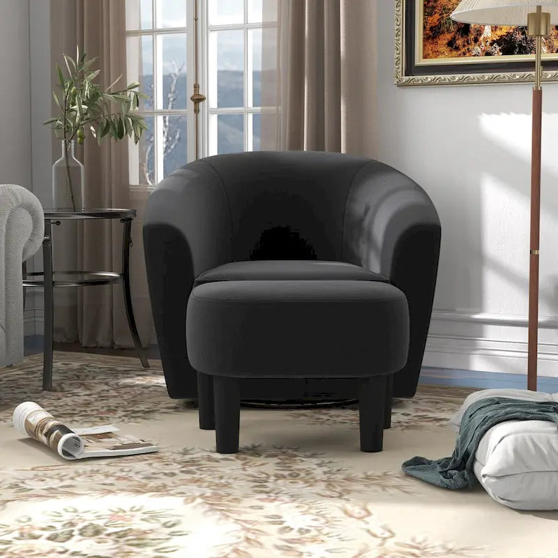 Fauteuil d'appoint pivotant avec pouf, Fauteuil club rond pivotant à 360 degrés en velours confortable pour chambre à coucher, salle de lecture