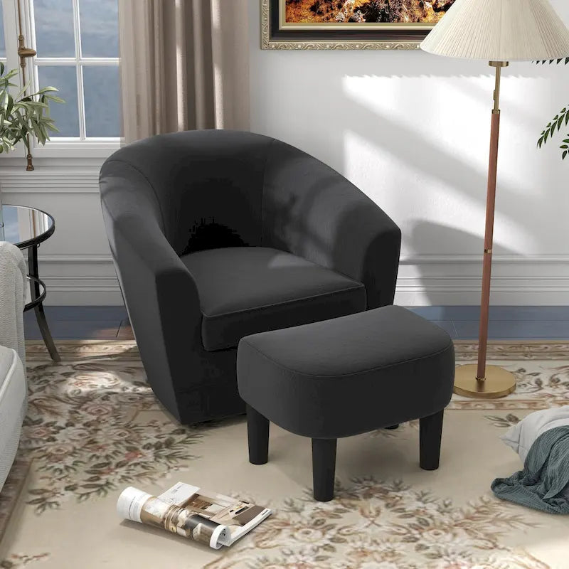 Fauteuil d'appoint pivotant avec pouf, Fauteuil club rond pivotant à 360 degrés en velours confortable pour chambre à coucher, salle de lecture