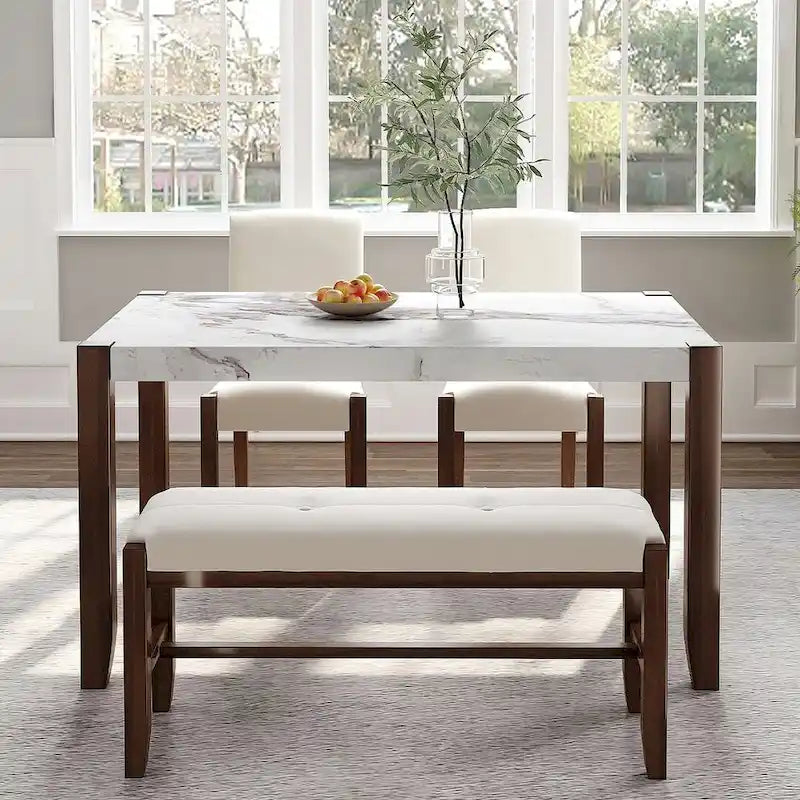 Ensemble de salle à manger 4 pièces avec table effet marbre, 2 chaises rembourrées et banc avec pieds en bois