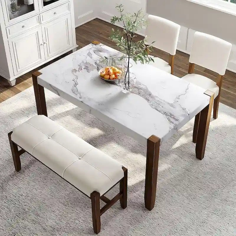 Ensemble de salle à manger 4 pièces avec table effet marbre, 2 chaises rembourrées et banc avec pieds en bois