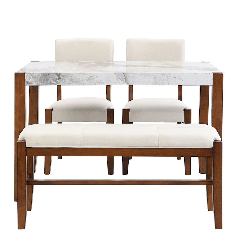 Ensemble de salle à manger 4 pièces avec table effet marbre, 2 chaises rembourrées et banc avec pieds en bois