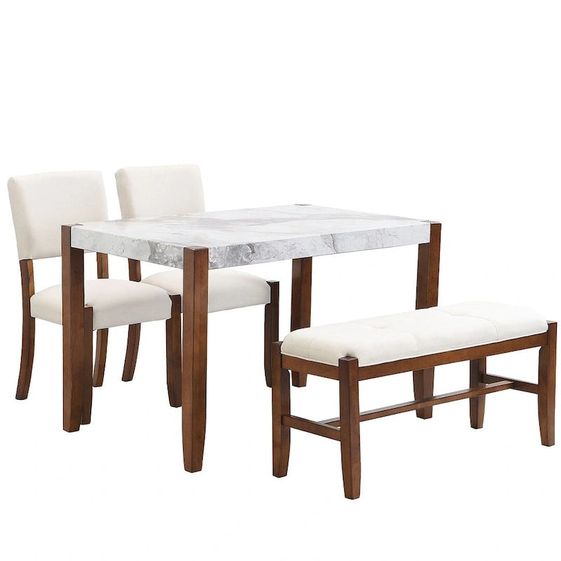 Ensemble de salle à manger 4 pièces avec table effet marbre, 2 chaises rembourrées et banc avec pieds en bois