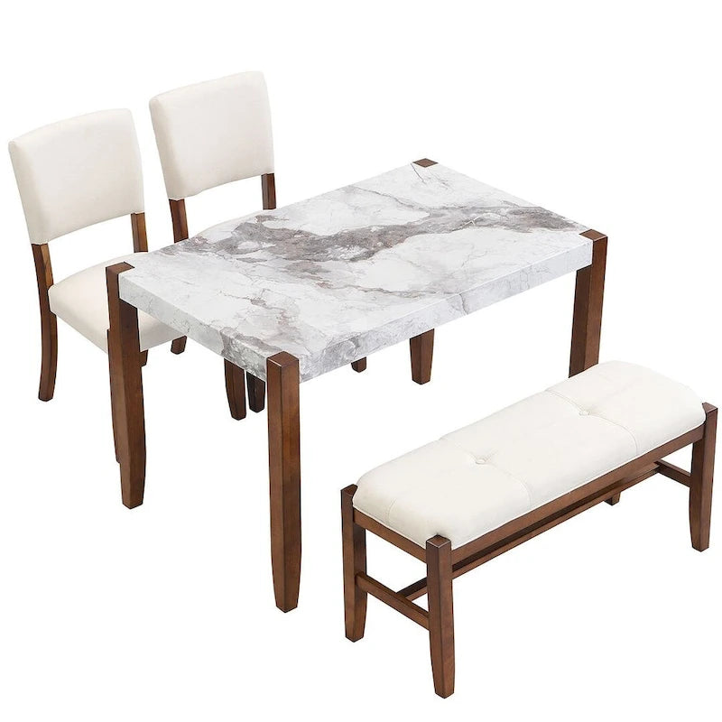 Ensemble de salle à manger 4 pièces avec table effet marbre, 2 chaises rembourrées et banc avec pieds en bois