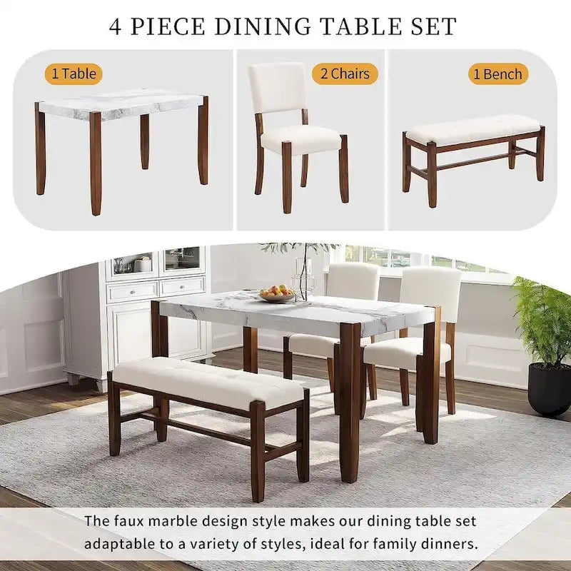 Ensemble de salle à manger 4 pièces avec table effet marbre, 2 chaises rembourrées et banc avec pieds en bois