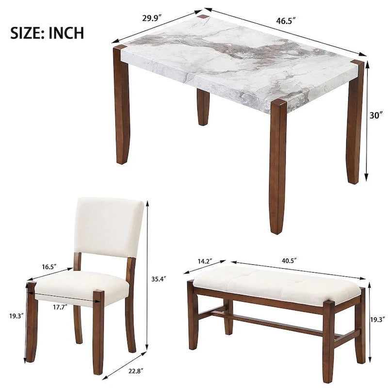 Ensemble de salle à manger 4 pièces avec table effet marbre, 2 chaises rembourrées et banc avec pieds en bois
