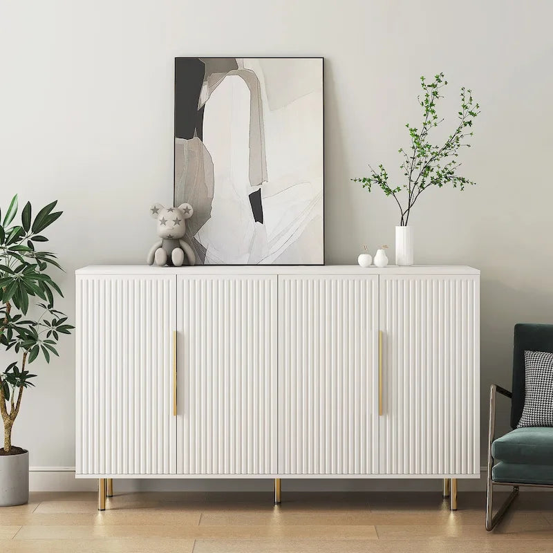 Buffet moderne noir avec rangement, grand buffet cannelé avec étagères réglables, crédence, meuble d'appoint