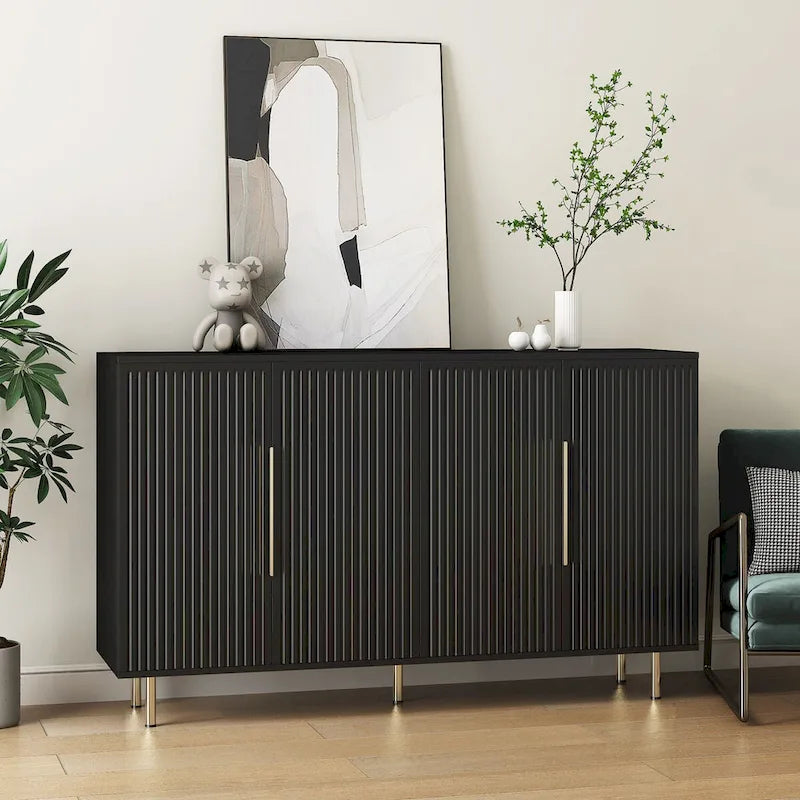 Buffet moderne noir avec rangement, grand buffet cannelé avec étagères réglables, crédence, meuble d'appoint