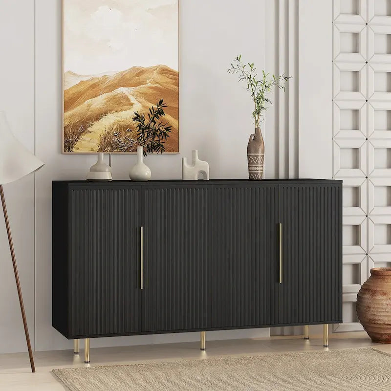 Buffet moderne noir avec rangement, grand buffet cannelé avec étagères réglables, crédence, meuble d'appoint