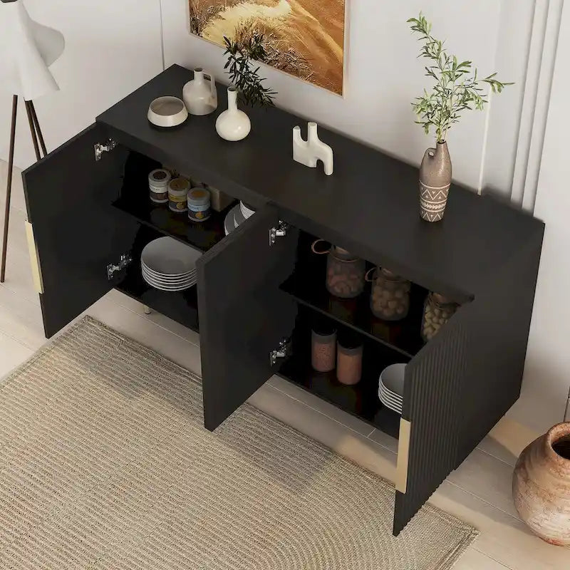 Buffet moderne noir avec rangement, grand buffet cannelé avec étagères réglables, crédence, meuble d'appoint