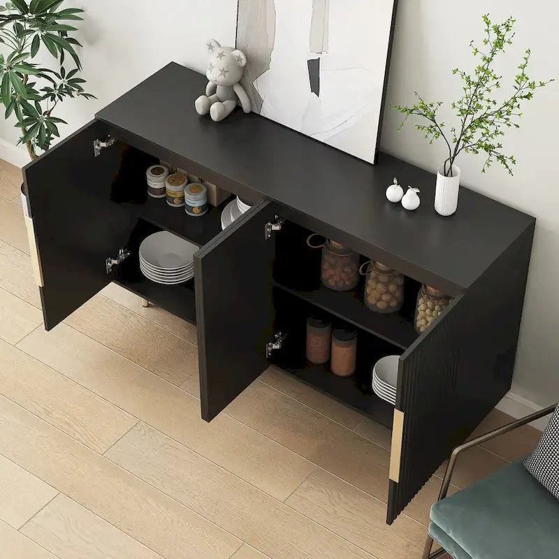Buffet moderne noir avec rangement, grand buffet cannelé avec étagères réglables, crédence, meuble d'appoint