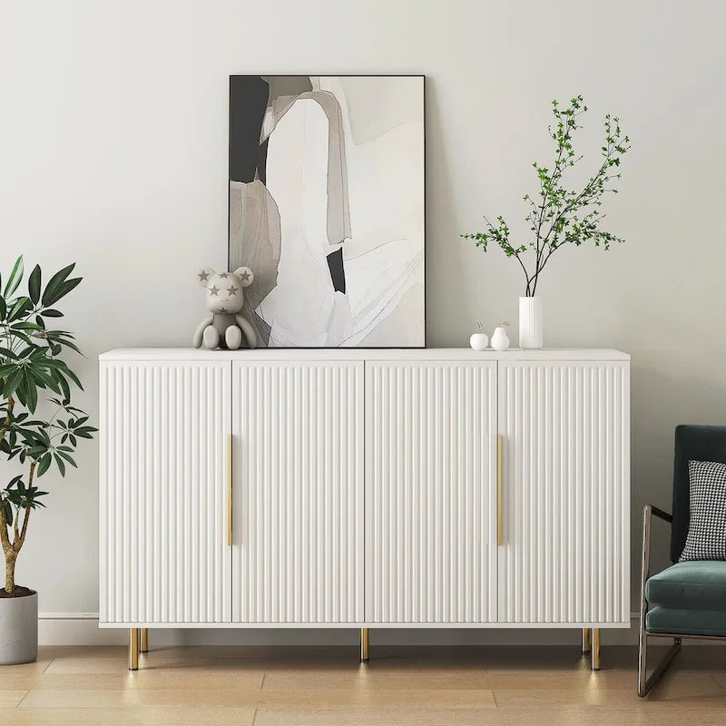 Buffet moderne noir avec rangement, grand buffet cannelé avec étagères réglables, crédence, meuble d'appoint