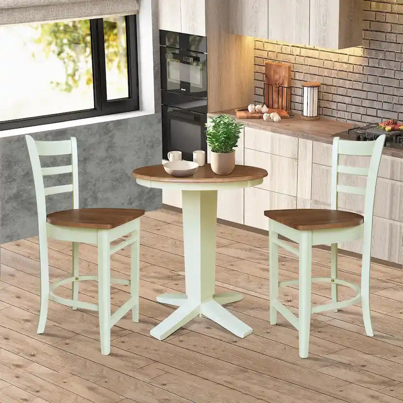 Table de salle à manger ronde en bois massif de 76 cm de hauteur de comptoir avec 2 tabourets