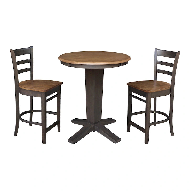 Table de salle à manger ronde en bois massif de 76 cm de hauteur de comptoir avec 2 tabourets