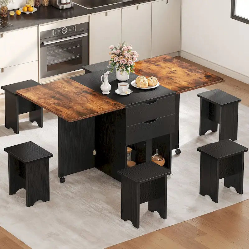 Ensemble de salle à manger pliant Moasis 5 ou 7 pièces avec table à rabats et tabourets de rangement, pour jusqu'à 6 personnes