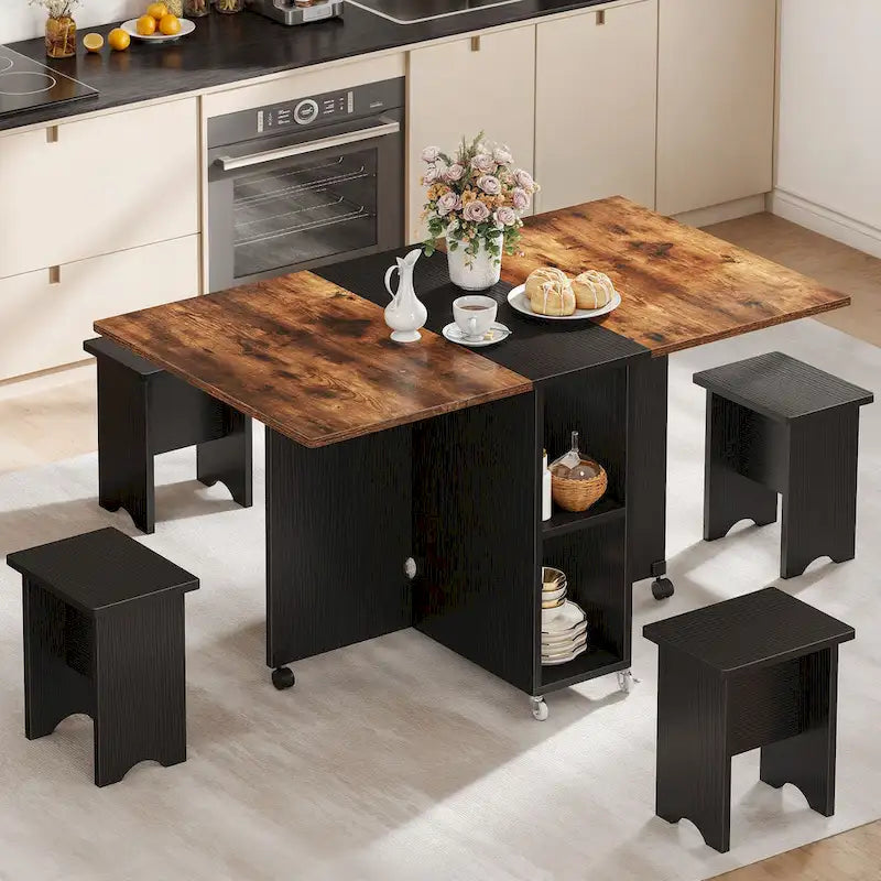 Ensemble de salle à manger pliant Moasis 5 ou 7 pièces avec table à rabats et tabourets de rangement, pour jusqu'à 6 personnes