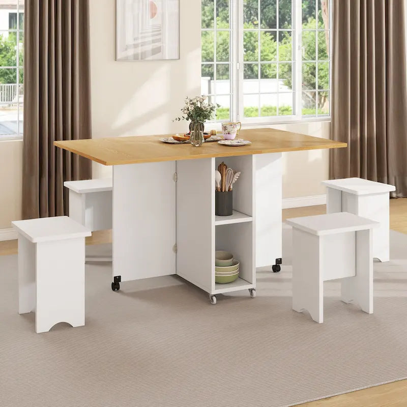 Ensemble de salle à manger pliant Moasis 5 ou 7 pièces avec table à rabats et tabourets de rangement, pour jusqu'à 6 personnes