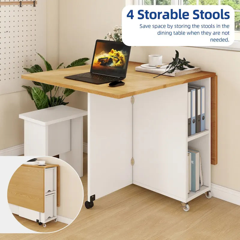 Ensemble de salle à manger pliant Moasis 5 ou 7 pièces avec table à rabats et tabourets de rangement, pour jusqu'à 6 personnes
