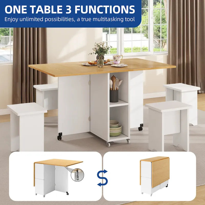 Ensemble de salle à manger pliant Moasis 5 ou 7 pièces avec table à rabats et tabourets de rangement, pour jusqu'à 6 personnes
