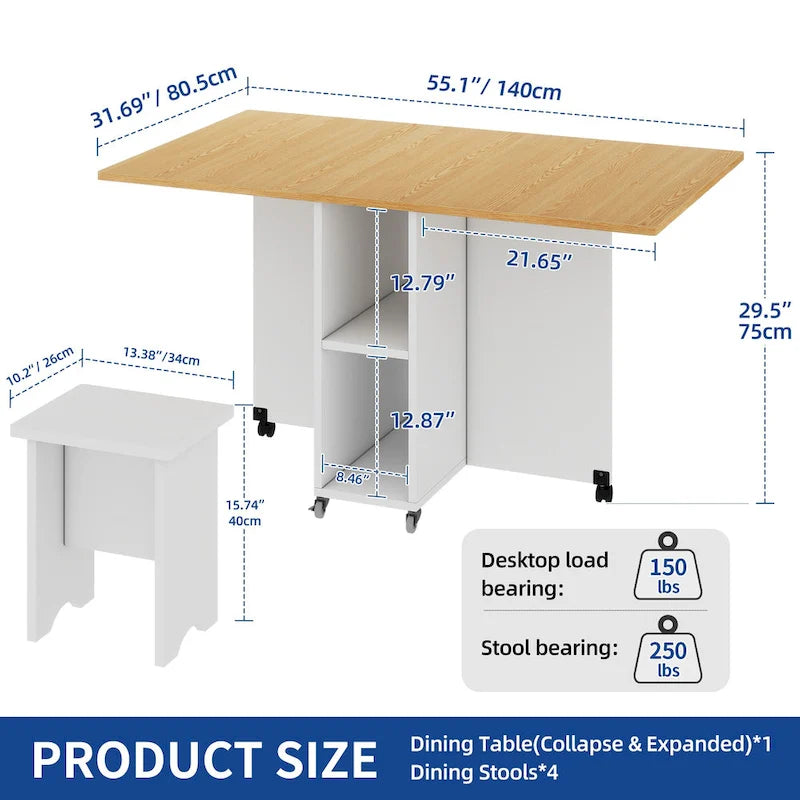 Ensemble de salle à manger pliant Moasis 5 ou 7 pièces avec table à rabats et tabourets de rangement, pour jusqu'à 6 personnes