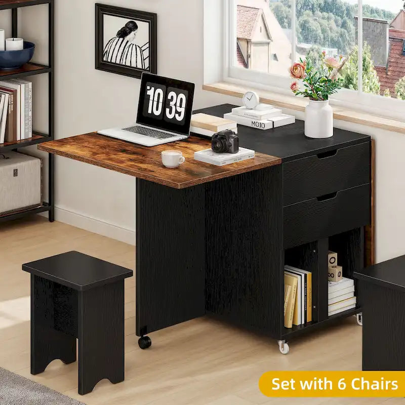 Ensemble de salle à manger pliant Moasis 5 ou 7 pièces avec table à rabats et tabourets de rangement, pour jusqu'à 6 personnes