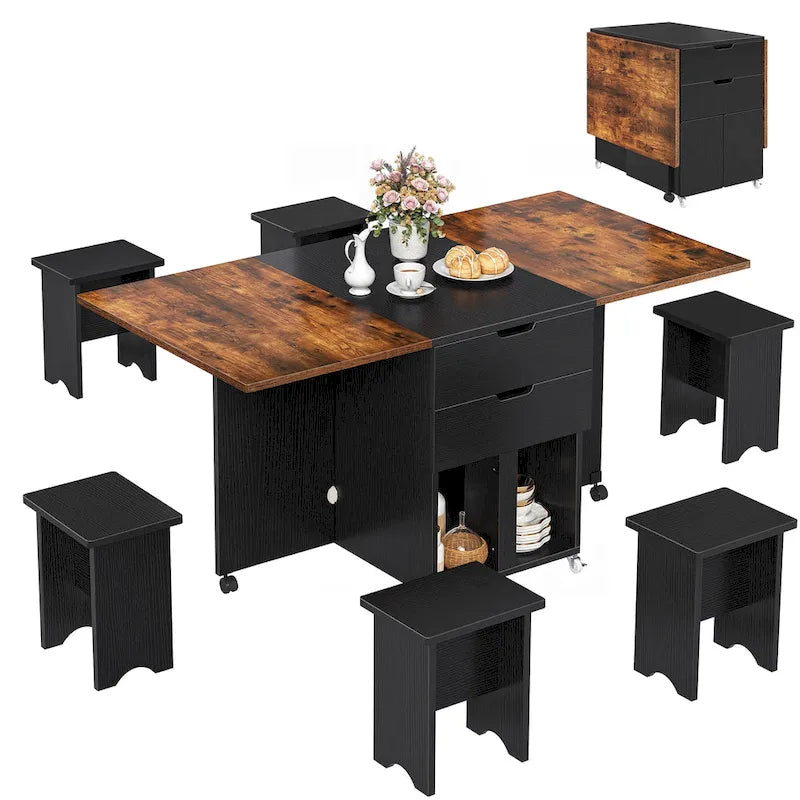 Ensemble de salle à manger pliant Moasis 5 ou 7 pièces avec table à rabats et tabourets de rangement, pour jusqu'à 6 personnes