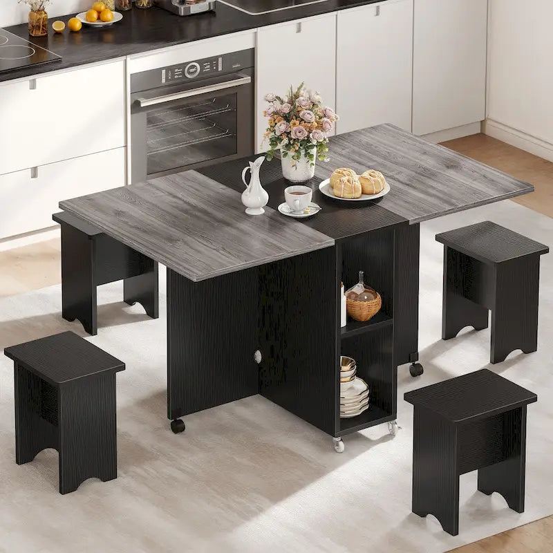 Ensemble de salle à manger pliant Moasis 5 ou 7 pièces avec table à rabats et tabourets de rangement, pour jusqu'à 6 personnes