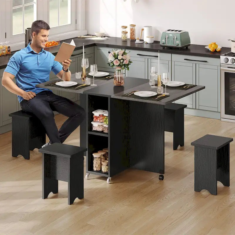 Ensemble de salle à manger pliant Moasis 5 ou 7 pièces avec table à rabats et tabourets de rangement, pour jusqu'à 6 personnes