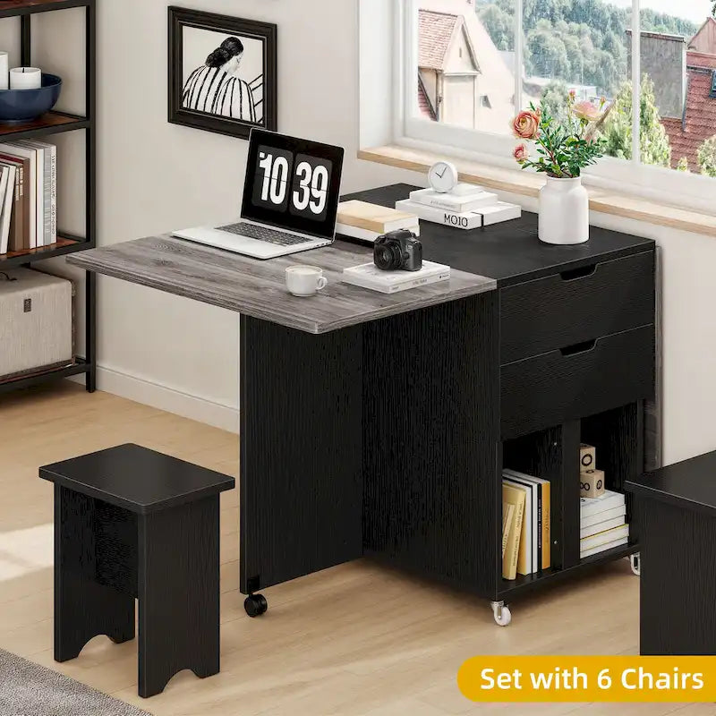 Ensemble de salle à manger pliant Moasis 5 ou 7 pièces avec table à rabats et tabourets de rangement, pour jusqu'à 6 personnes