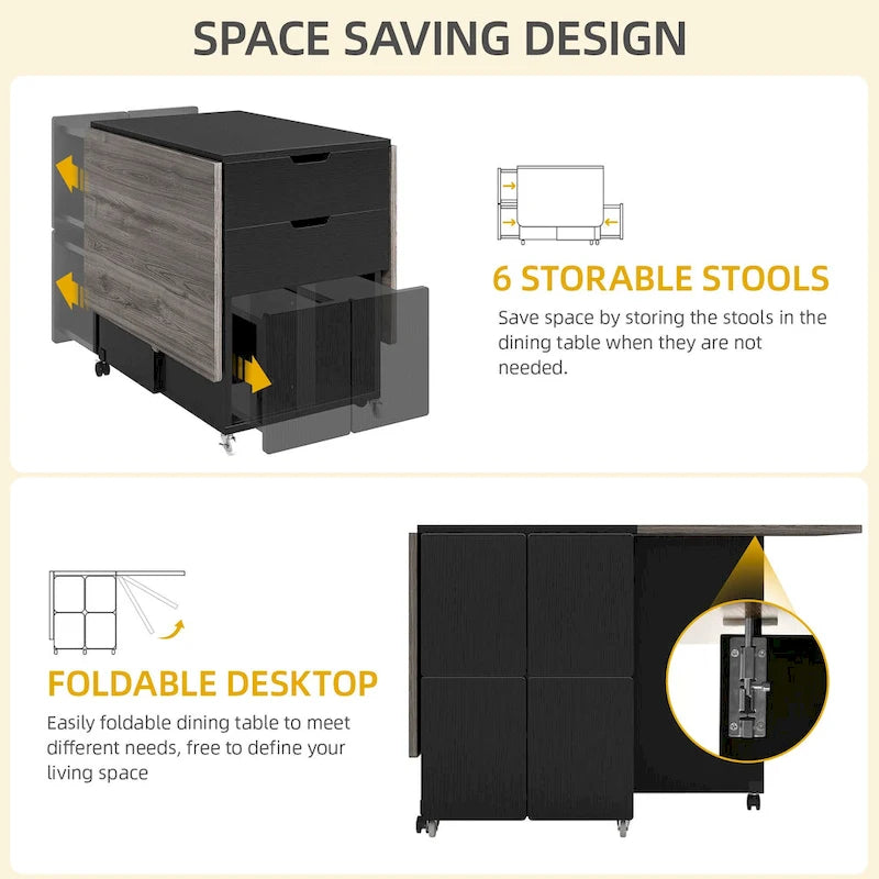 Ensemble de salle à manger pliant Moasis 5 ou 7 pièces avec table à rabats et tabourets de rangement, pour jusqu'à 6 personnes
