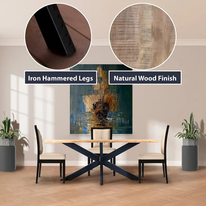 Table de salle à manger rectangulaire raffinée RRI Goods avec plateau en bois de manguier et piètement araignée en métal, 160 cm