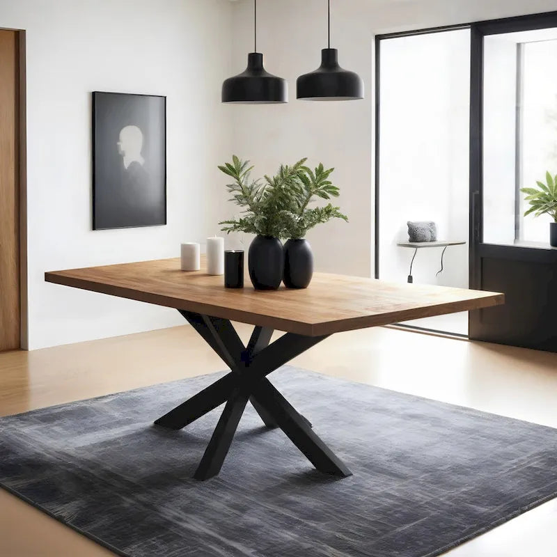Table de salle à manger rectangulaire raffinée RRI Goods avec plateau en bois de manguier et piètement araignée en métal, 160 cm