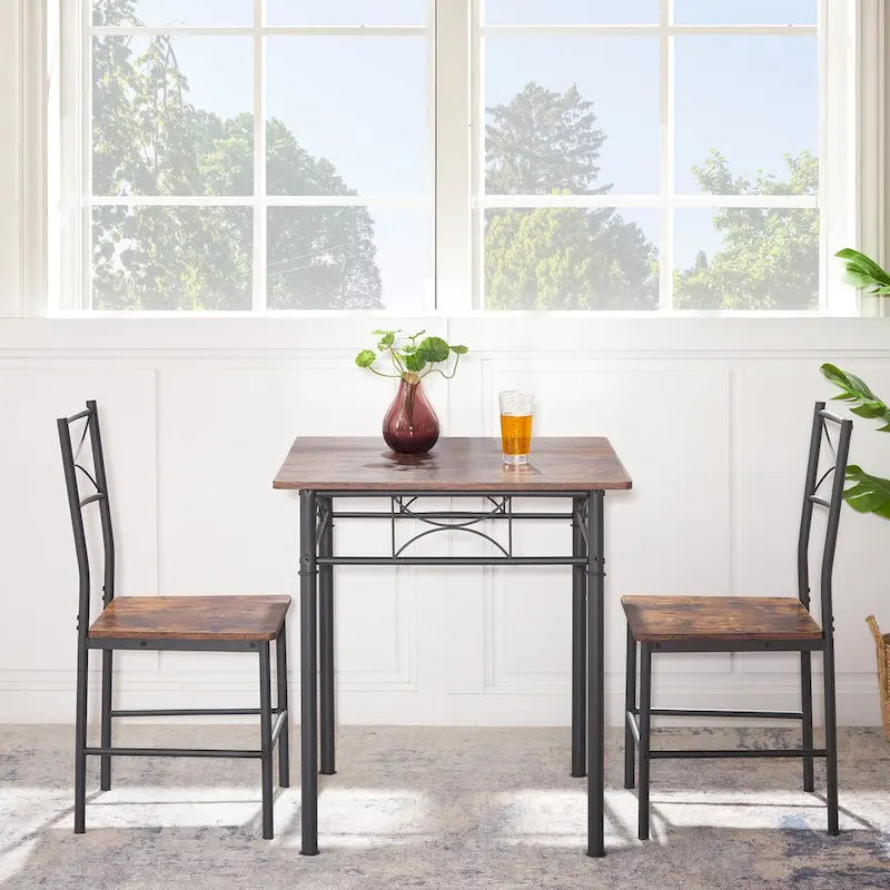 Ensemble de salle à manger carré 3 pièces marron pour coin-repas, table de bar en bois avec 2 chaises et cadre en acier